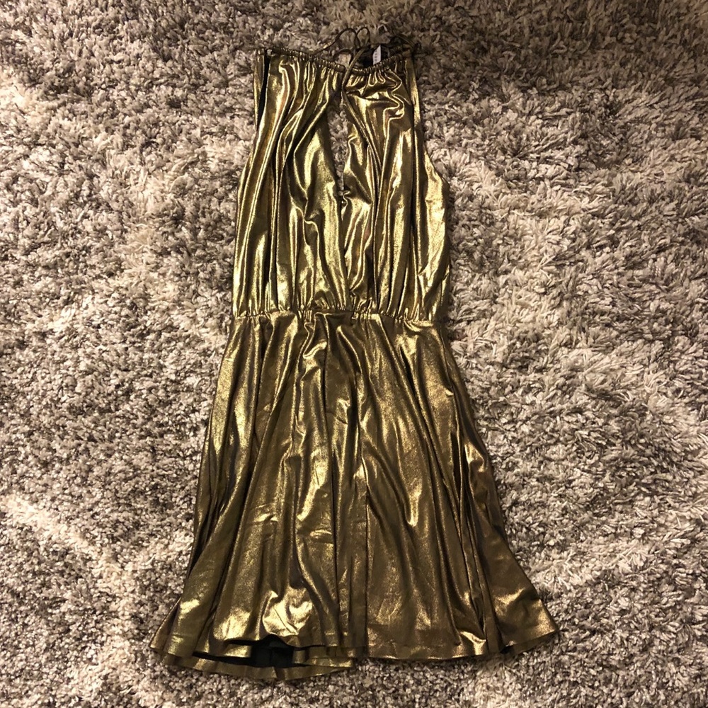Necessary Objects Gold Halter Slit Dress